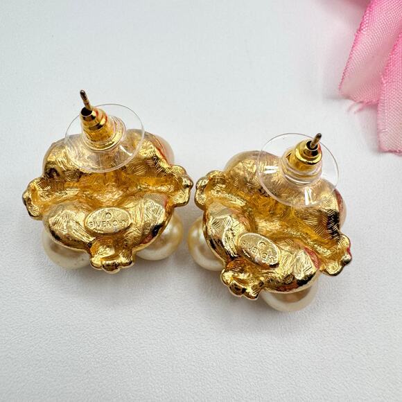 Vintage Givenchy Ivory Faux Pearl Maltese Cross Stud Earrings Gold Tone Signed - Picture 3 of 8